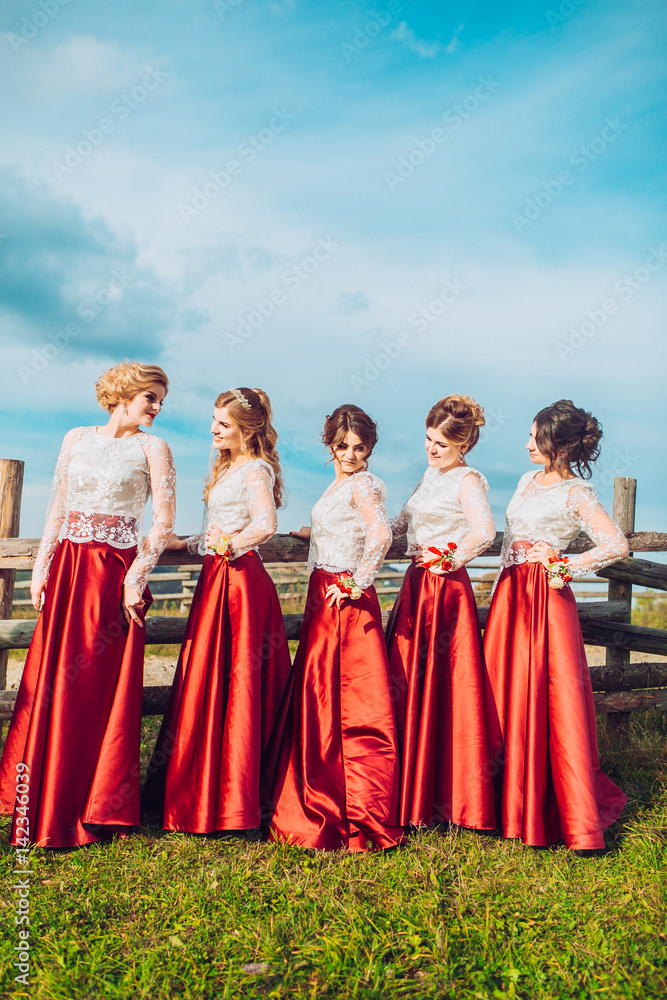 Five beautiful bridesmaids in same color red dress on wedding day having fun and circling around dresses behind mountains and blue sky. Funny girls. Five beautiful bridesmaids in same color red dress on wedding day having fun and circling around dresses behind mountains and blue sky. Funny girls.