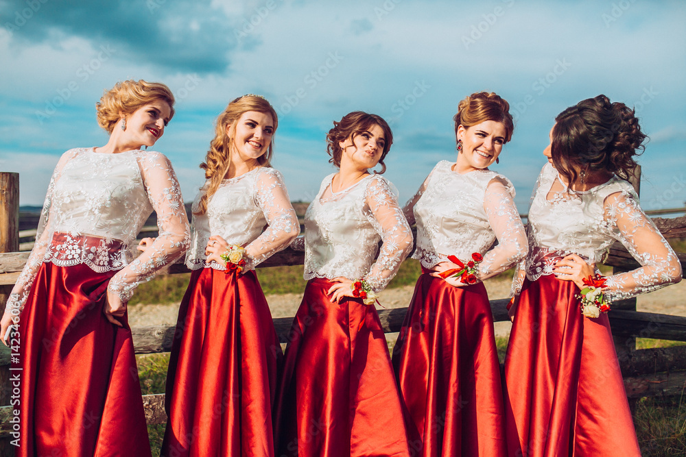 Five beautiful bridesmaids in same color red dress on wedding day having fun and circling around dresses behind mountains and blue sky. Funny girls. Five beautiful bridesmaids in same color red dress on wedding day having fun and circling around dresses behind mountains and blue sky. Funny girls.