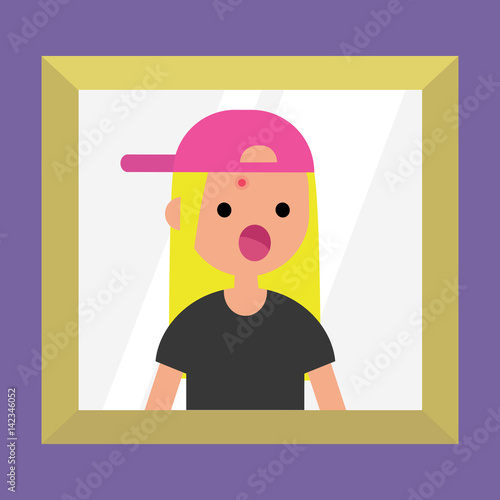 Mirror reflection of a shocked blond girl. Dermatological problems. Acne / flat editable vector illustration, clip art