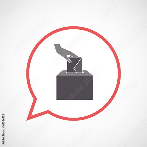 Isolated comic balloon with  a hand inserting an envelope in a ballot box