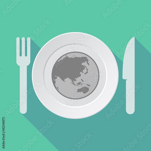 Long shadow tableware with an Asia Pacific world globe map