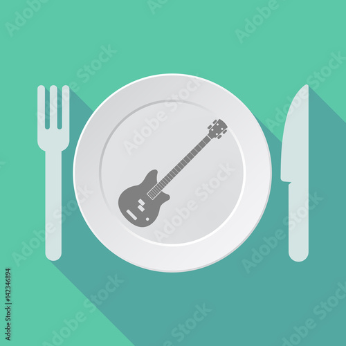Long shadow tableware with  a four string electric bass guitar