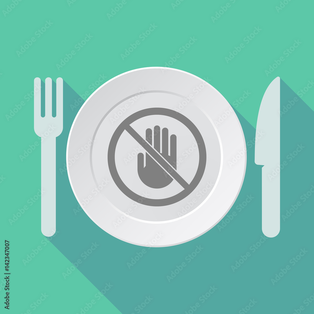 Long shadow tableware with  a hand  in a not allowed signal