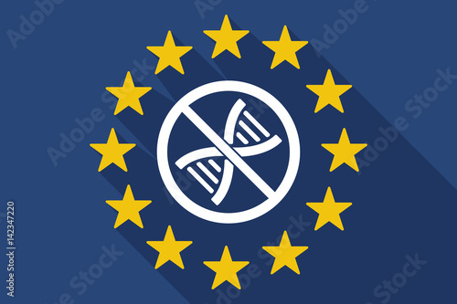 Long shadow EU flag with  a DNA sign in a not allowed signal