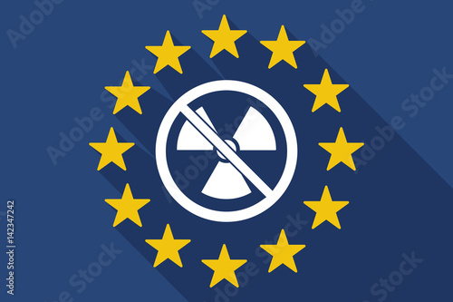 Long shadow EU flag with  a radioactivity sign  in a not allowed signal