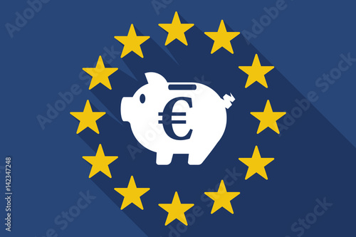 Long shadow EU flag with  an euro coin in a piggy bank moneybox