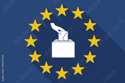 Long shadow EU flag with  a hand inserting an envelope in a ballot box