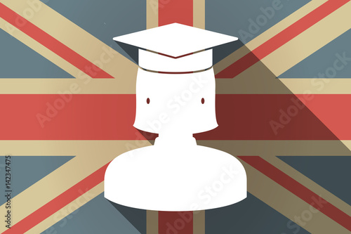 Long shadow UK flag with  a female graduated student