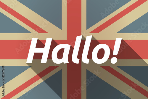 Long shadow UK flag with  the text Hello! in the German language
