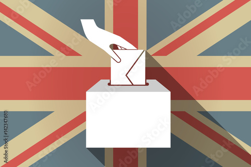 Long shadow UK flag with  a hand inserting an envelope in a ballot box