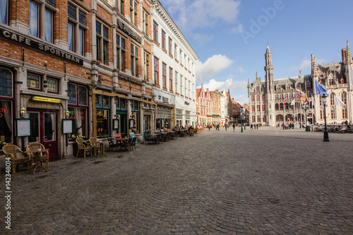 Architecture of narrow bicked street of Brugge town in Begium