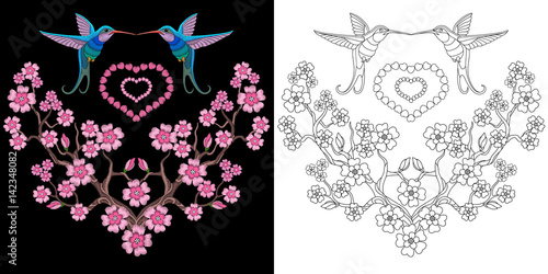 Embroidery hummingbird and sakura design. Collection of fancywork elements for patches and stickers. Coloring book page with colibri birds and cherry blossom.