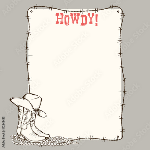 Cowboy paper background with western boots and hat for text