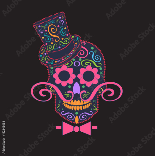 Skull vector gentleman with cylinder hat and mustache 