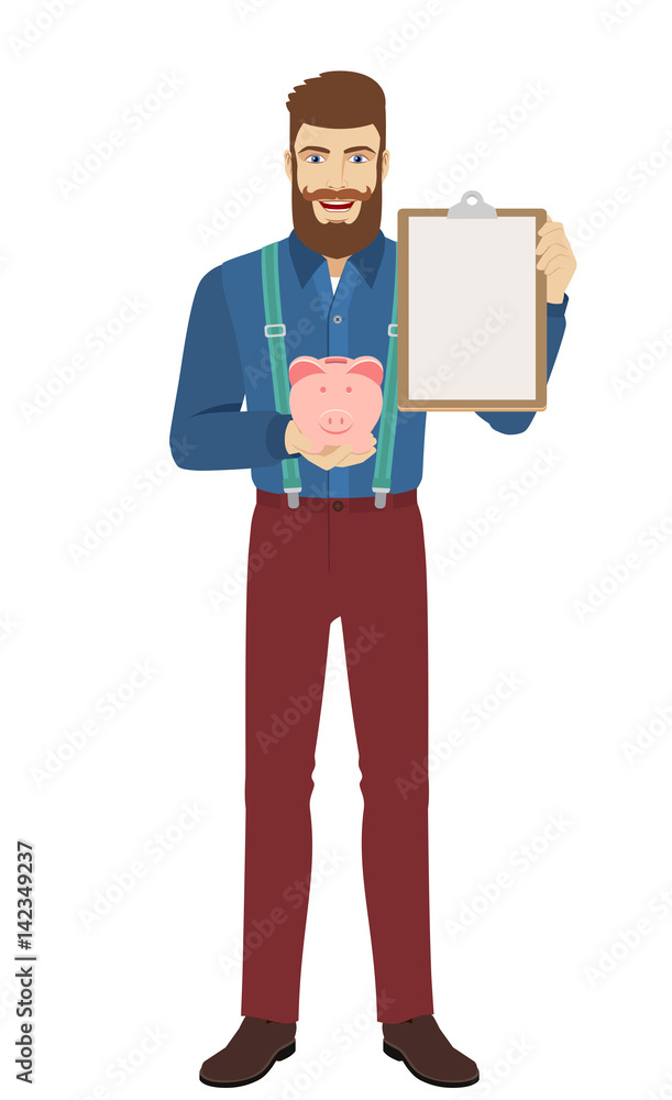 Hipster holding piggy bank and clipboard