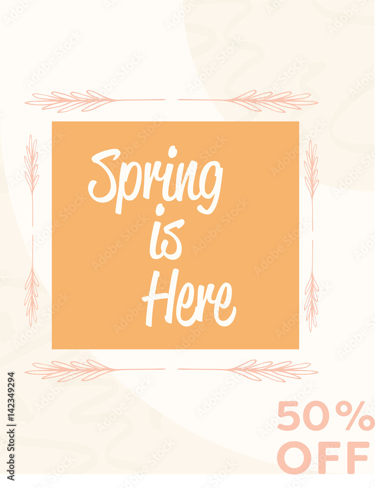 Obraz premium Greeting card with spring is here 50% off message