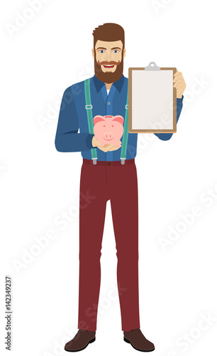 Hipster holding piggy bank and clipboard