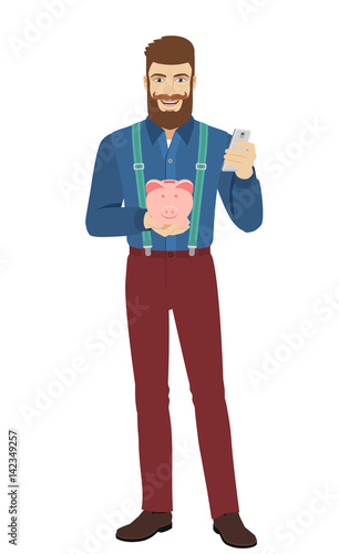 Hipster holding mobile phone and piggy bank