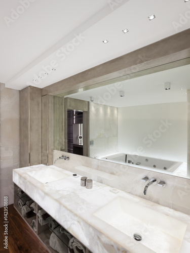 Modern bathroom with marble and parquet  nobody