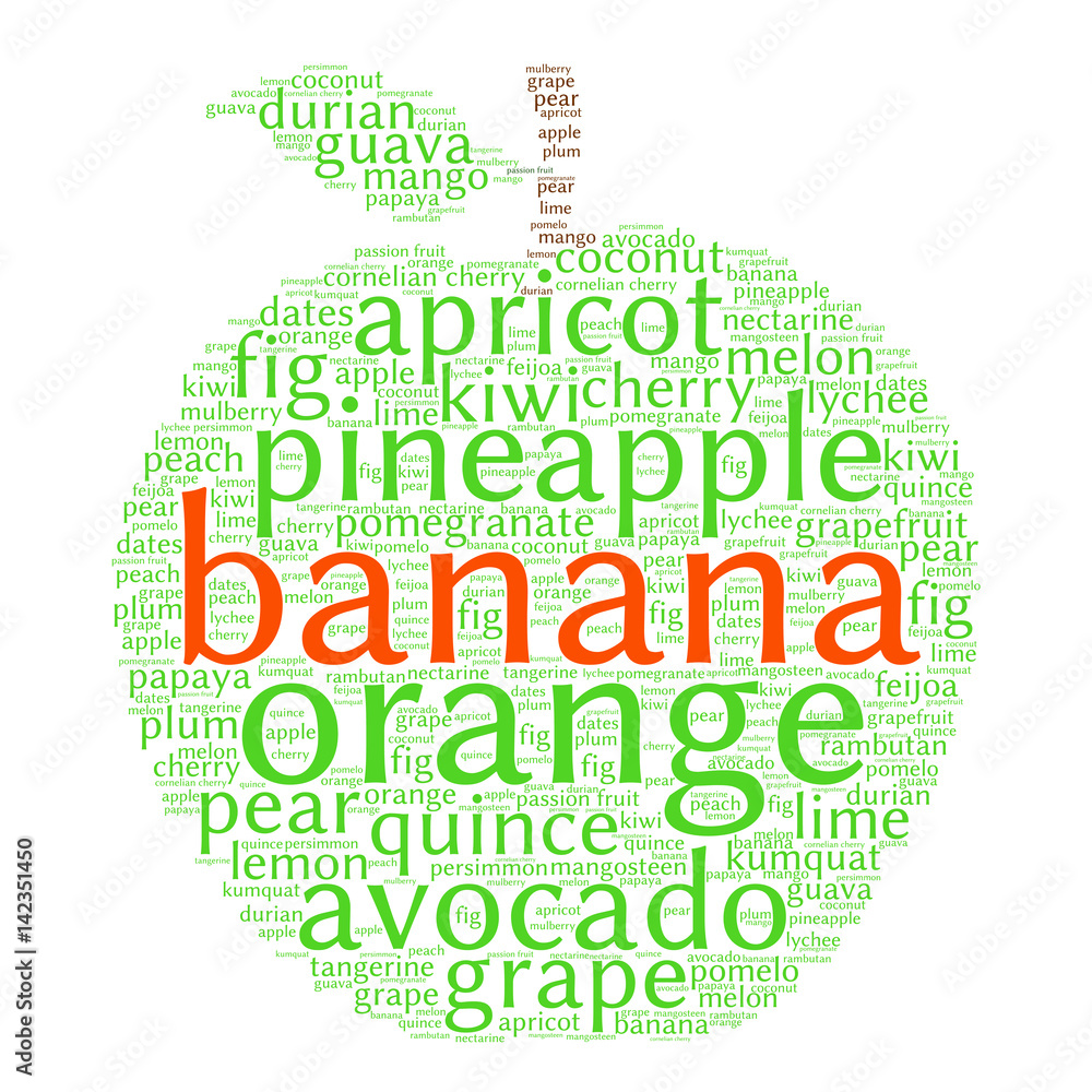 Banana. Word cloud in shape of fruit, white background. Natural food. Banana. Word cloud in shape of fruit, white background. Natural food.