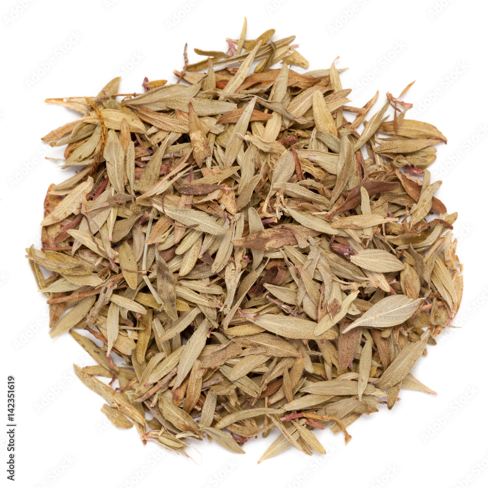 Dried Organic Garden Thyme (Thymus vulgaris) isolated on white background for Infused Tea. Macro closeup. Top view.