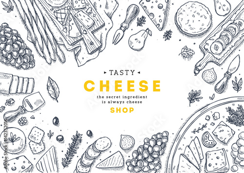 Cheese collection top view illustration. Antipasto table background. 