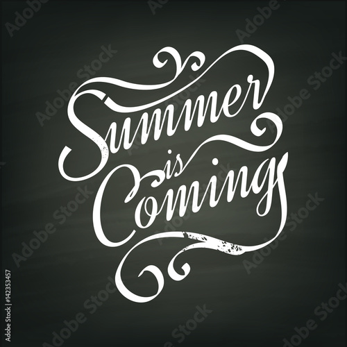 Summer is coming lettering design for posters, flyers, t-shirts, cards, invitations, stickers, banners. Digital hand painted calligraphy on chalkboard background