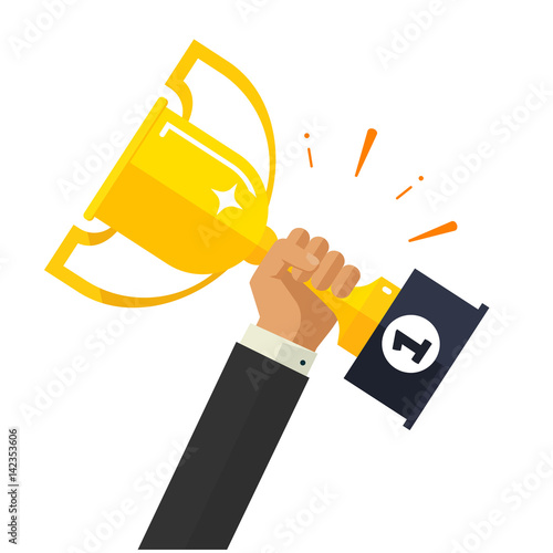 Business goal achievement vector concept, flat style happy successful businessman holding golden cup award in hand, leadership idea, first place prize victory, competition winner photo