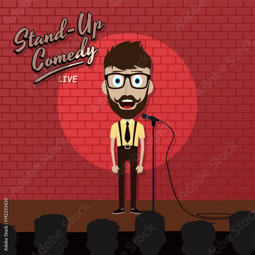 adult male stand up comedian cartoon character on red brick stage with spotlight