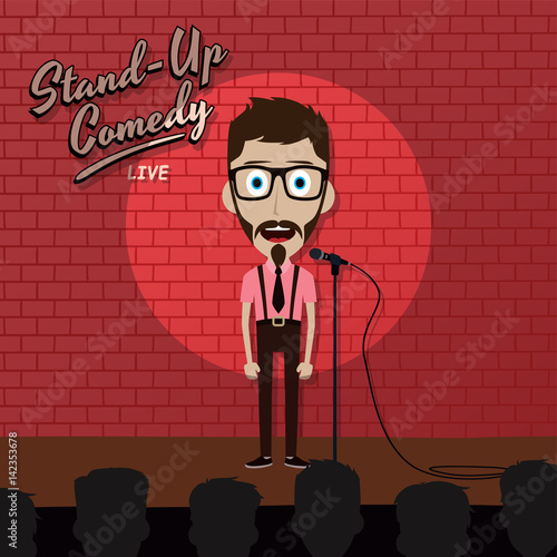 adult male stand up comedian cartoon character on red brick stage with spotlight