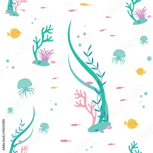 Vector flat seamless pattern of elements the underwater world. Illustration of deep tropical flora and fauna.