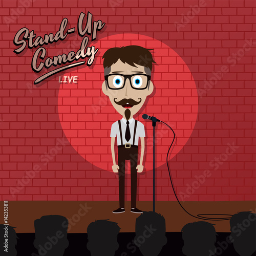 adult male stand up comedian cartoon character on red brick stage with spotlight