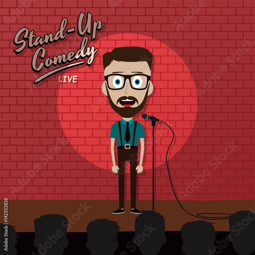 adult male stand up comedian cartoon character on red brick stage with spotlight