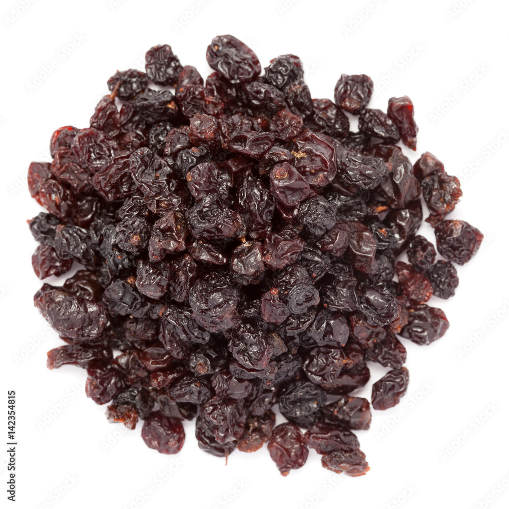 Organic air dried Blueberries (Vaccinium corymbosum) isolated on white background. Macro closeup. Top view.