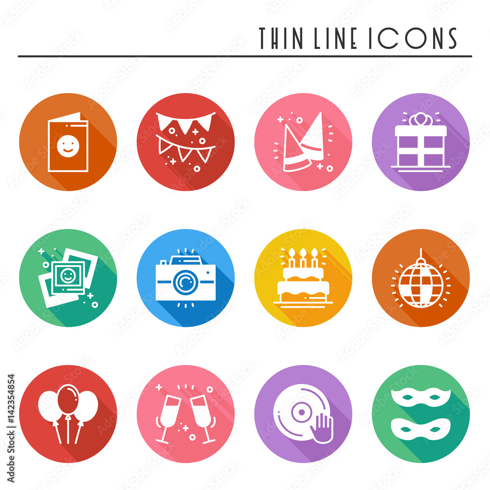 Party celebration thin line icons set. Birthday, holidays, event, carnival festive. Basic party elements icons collection. Vector simple silhouette linear design. Illustration. Symbols. Mask gifts