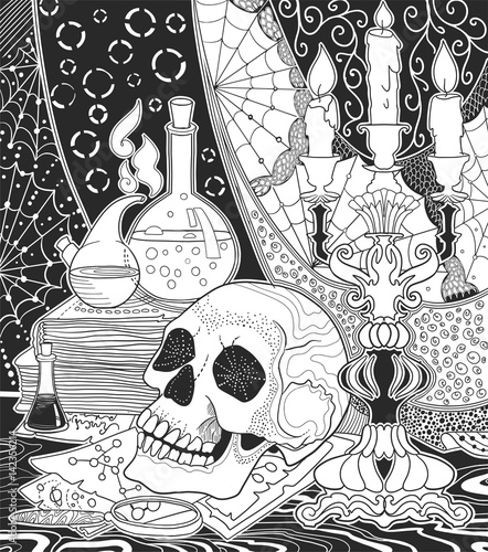 Coloring book for adults with alchemical still life with skull, candle and books and retorts in doodle style.
