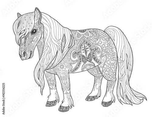 Doodle pony page for adult coloring book.