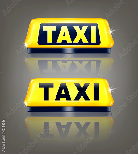 Vector set of taxi signs with reflection, isolated on gray background