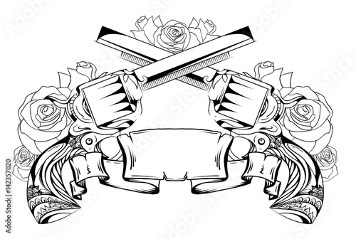 Contour drawing of two revolvers, roses and scroll. Duel. Vector element for sketching tattoos, printing on T-shirts and your design