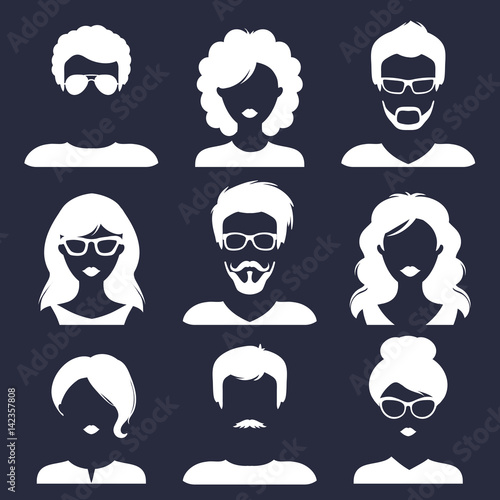 Vector set of different male and female icons in trendy flat style. People faces images collection.