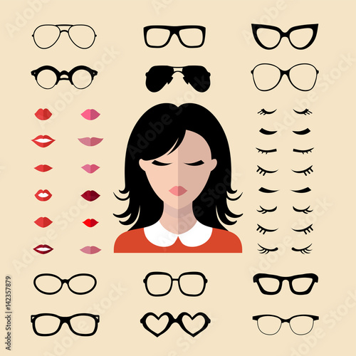 Big vector set of dress with different woman eyelashes, glasses, lips in trendy flat style. Female faces icon creator.