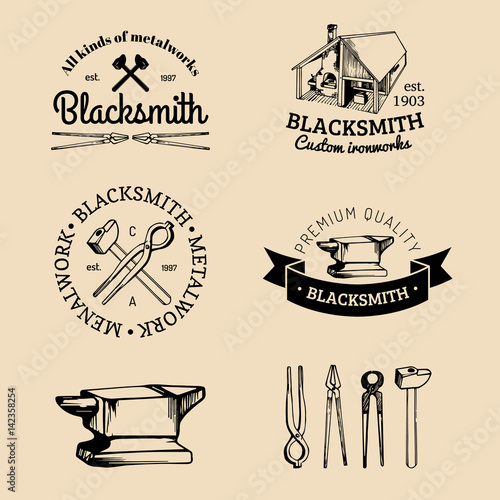 Vector set of hand sketched blacksmith logos. Vector farrier icons collection.