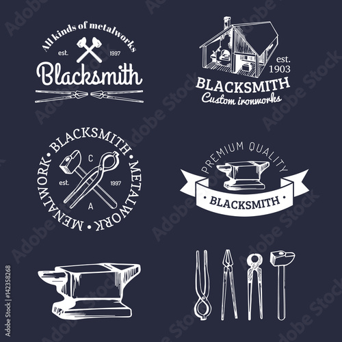 Vector set of hand sketched blacksmith logos. Vector farrier icons collection.