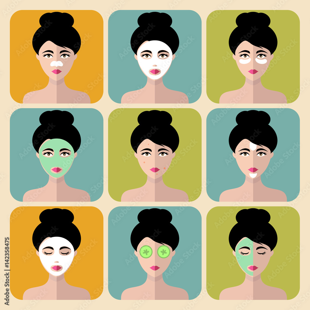 Vector set of women icons with different cosmetic treatment facial masks in flat style.Female faces or heads collection. Vector set of women icons with different cosmetic treatment facial masks in flat style.Female faces or heads collection.