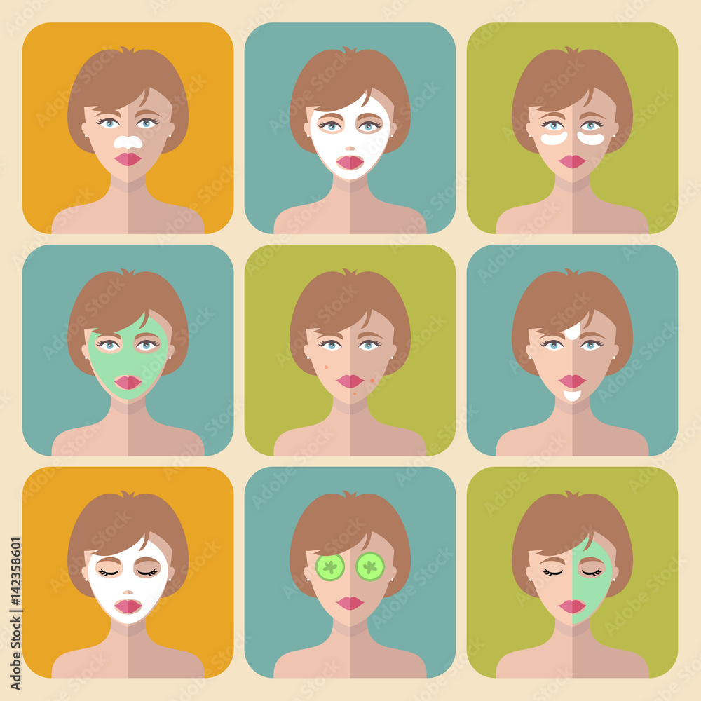 Vector set of women icons with different cosmetic treatment facial masks in flat style.Female faces or heads collection. Vector set of women icons with different cosmetic treatment facial masks in flat style.Female faces or heads collection.