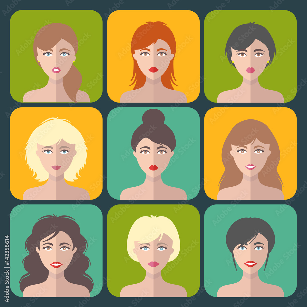 Big vector set of different women app icons in flat style. Female faces or heads collection. Big vector set of different women app icons in flat style. Female faces or heads collection.
