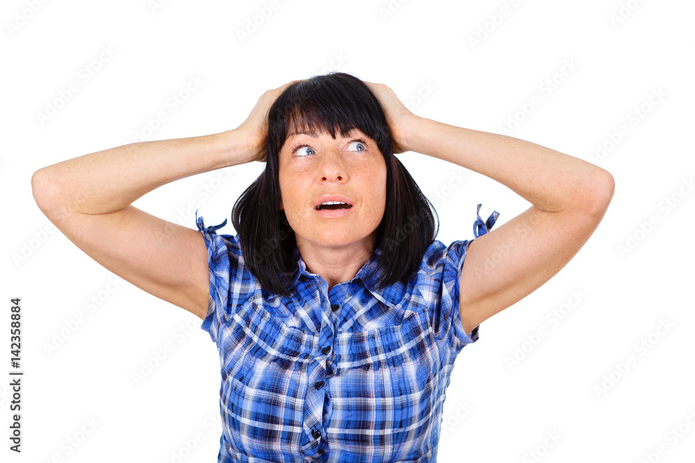 Closeup portrait of a surprised excited happy screaming woman in checkered shirt isolated on a white background. Girl winner shocked over winning with funny face expression. Positive human emotions. Closeup portrait of a surprised excited happy screaming woman in checkered shirt isolated on a white background. Girl winner shocked over winning with funny face expression. Positive human emotions.