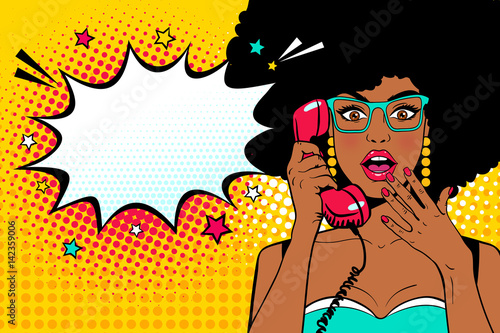 Wow pop art face. Sexy surprised young african woman holding old phone handset with open mouth and afro hairstyle in glasses and Wow speech bubble. Vector background in pop art retro comic style.