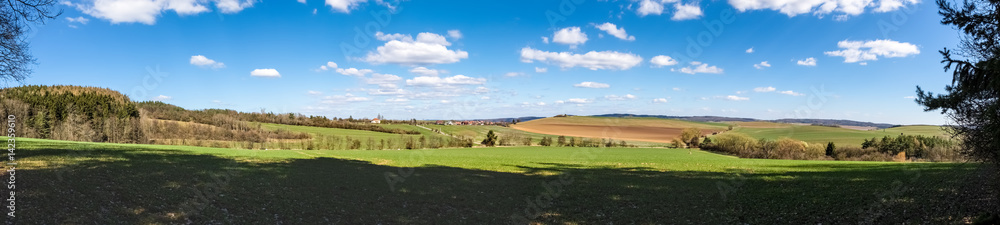 Panorama of spring landscape with green pastures and blue sky