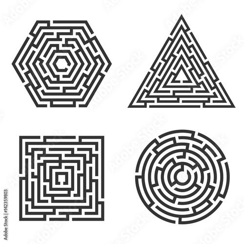 Set of 4 maze - square, circle, triangle, hexagon icon. Business concept. Labyrinth vector illustration.